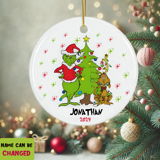 Personalized Grinch and Max Christmas Tree Ceramic Ornament