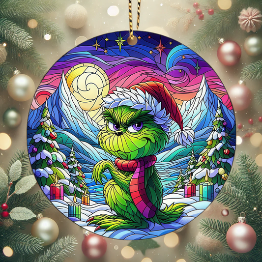 Grinch Stained Glass Christmas - Ceramic Circle Ornament