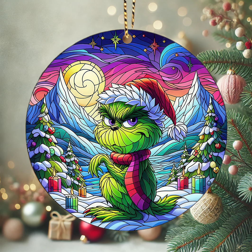 Grinch Stained Glass Christmas - Ceramic Circle Ornament