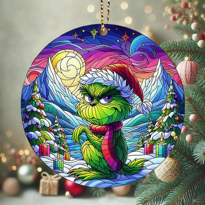 Grinch Stained Glass Christmas - Ceramic Circle Ornament