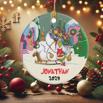 Santa Grinch Sleigh - Custom Ceramic Circle Ornament